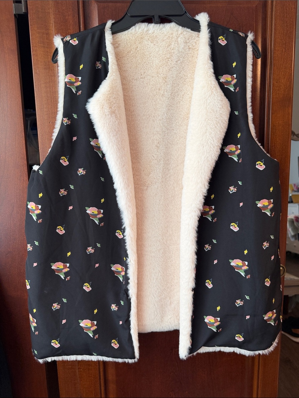 Matilda Jane Black Floral Reversible Vest with Cream Faux-Fur